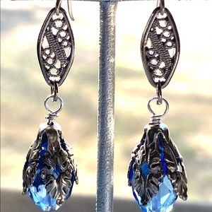 Bridgerton Inspired Jewelry 
Silver Blue Dangle Drop Earrings Handmade OOAK